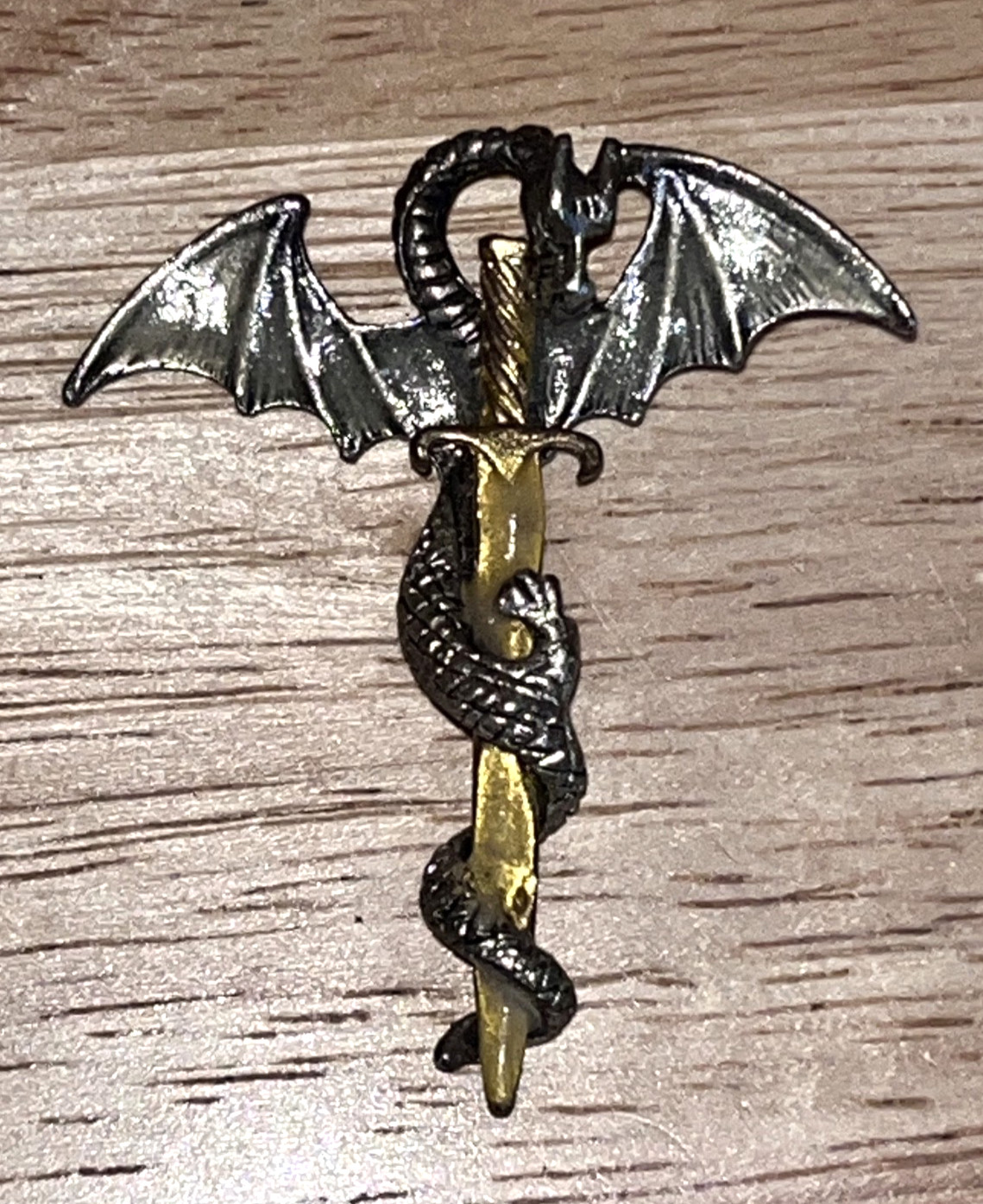 Dragon Gold and Silver Tone Pendant Amulet Sword