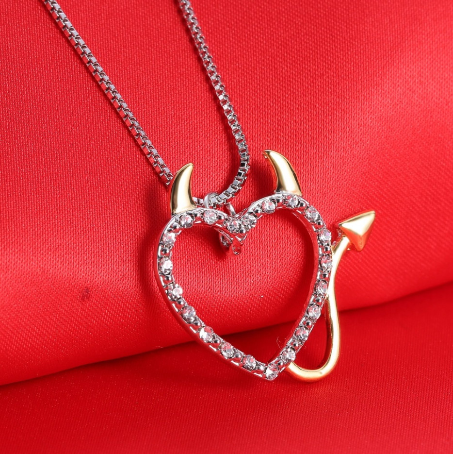 DEVIL LOVE HEART CRYSTAL PENDANT NECKLACE WITH HORNS SILVER & GOLD