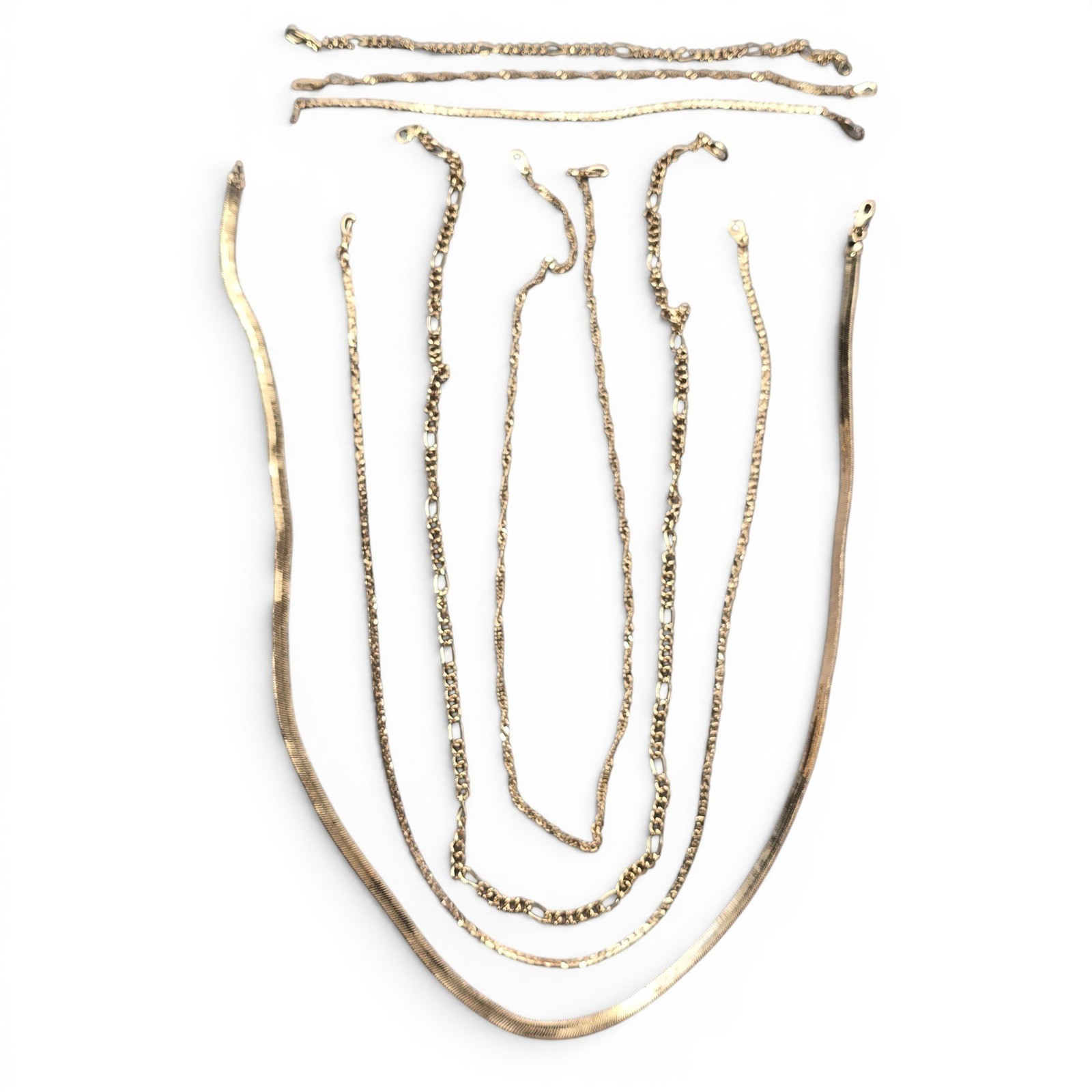 Gold Tone Jewelry Lot 7pc Herringbone Figaro Rope Chain Necklaces Bracelets NEW