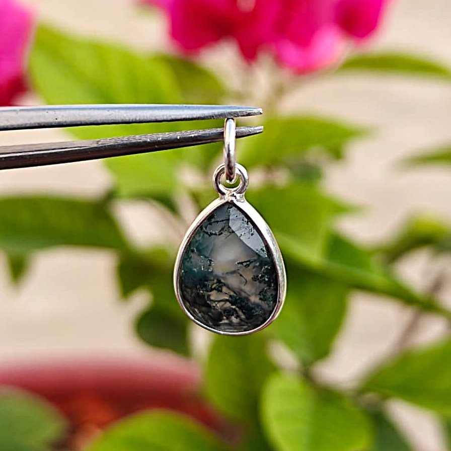 Natural Pear Moss Agate Gemstone Charm Pendant 925 Solid Silver Jewelry for All