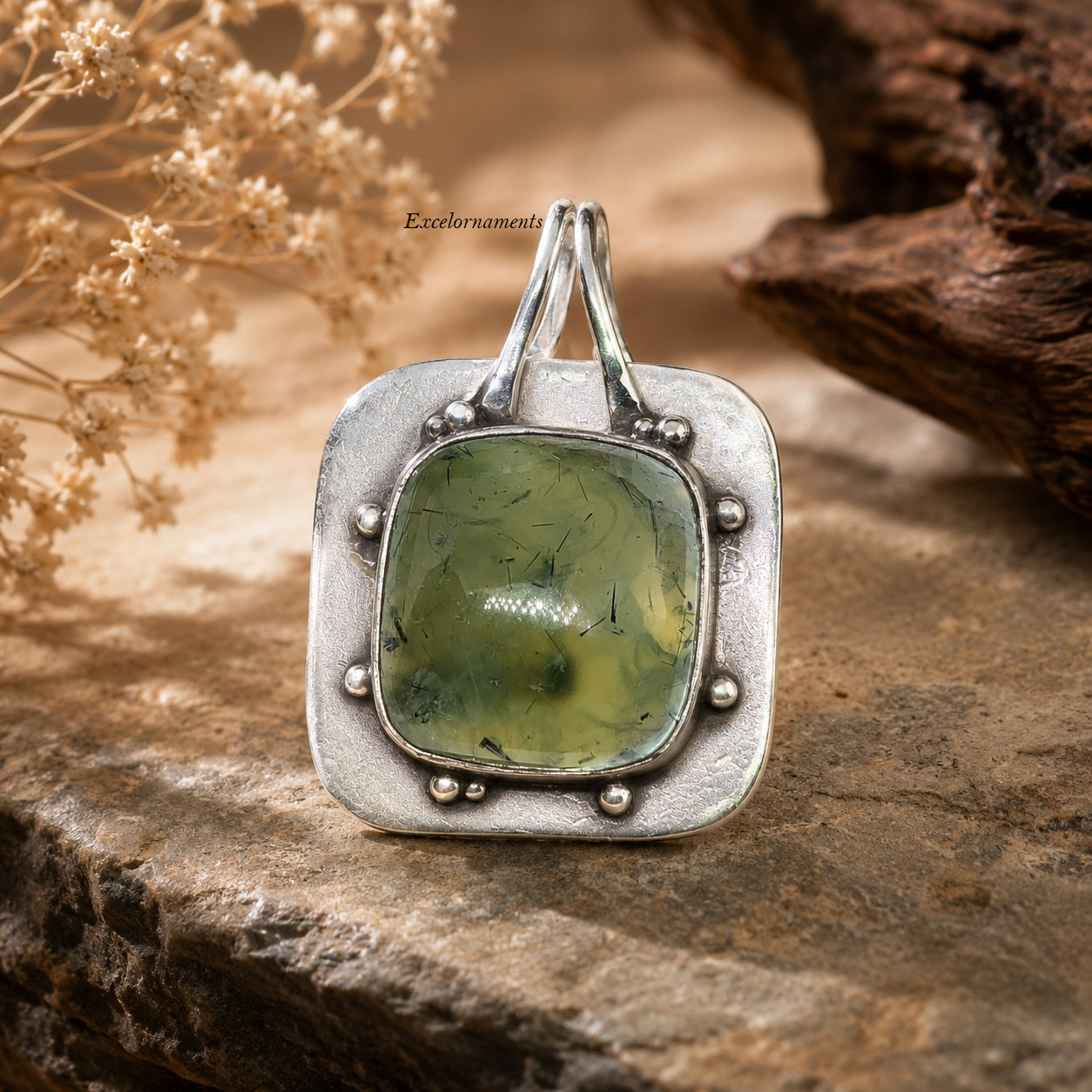 Prehnite Square Gemstone Pendant 925 Sterling Silver Unique Lovely Pendant RK*