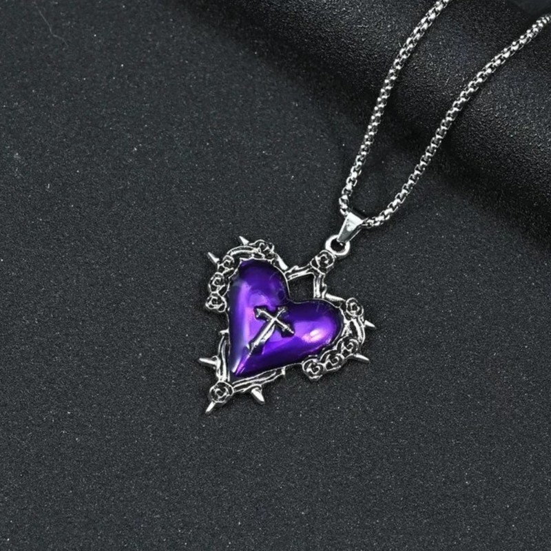 Men’s Gothic Style Cross Purple Heart Pendant Necklace Hip Hop Punk