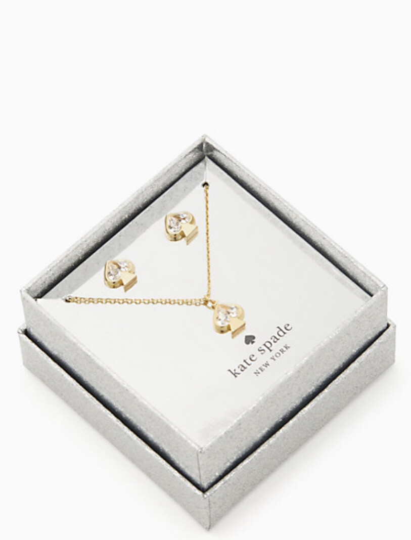 NIB Kate Spade Everyday Spade Stone Studs & Mini Pendant Boxed Set Gold $109