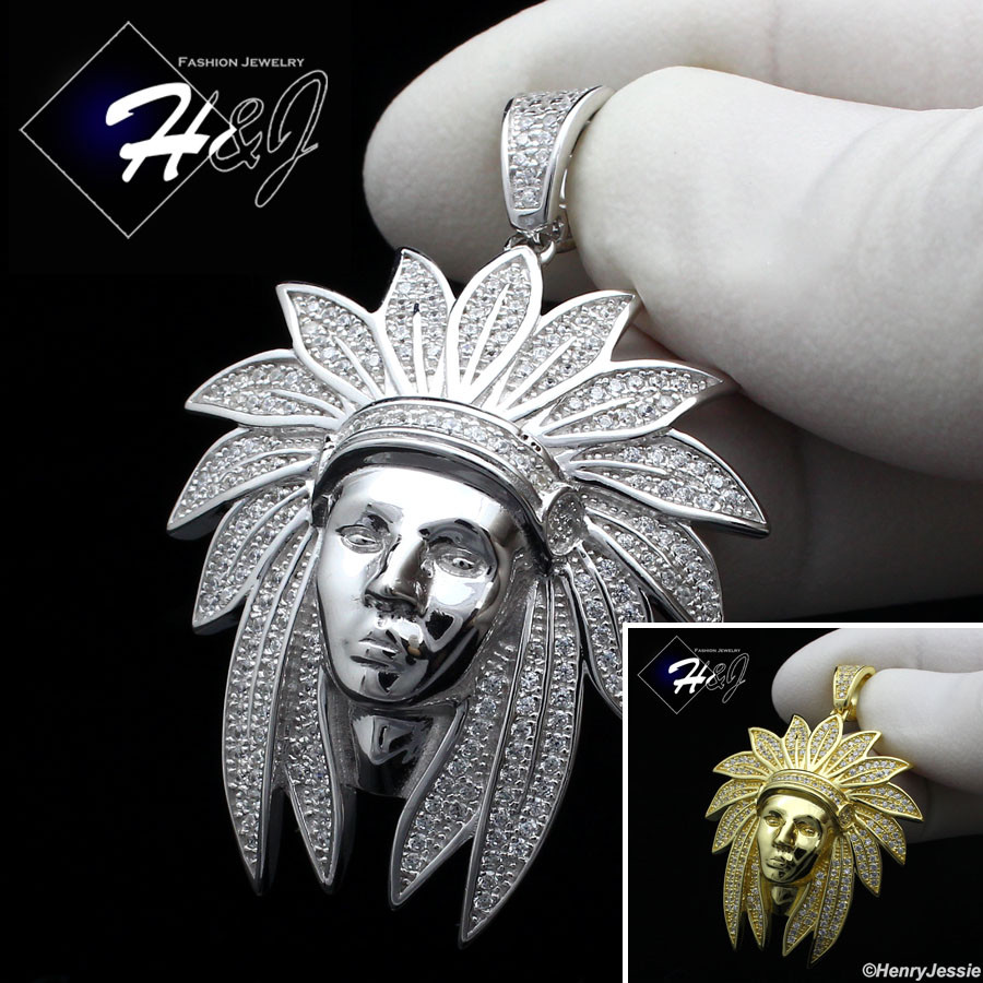 925 STERLING SILVER ICY BLING CZ GOLD PLATED/SILVER AMERICAN INDIAN PENDANT*P197