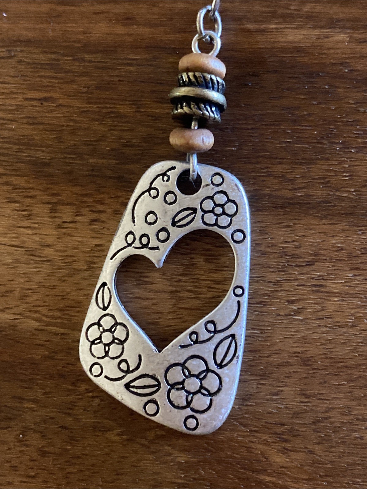 Lia Sophia Heart Pendant Necklace Silver Tone Wood Bead Boho Cottagecore