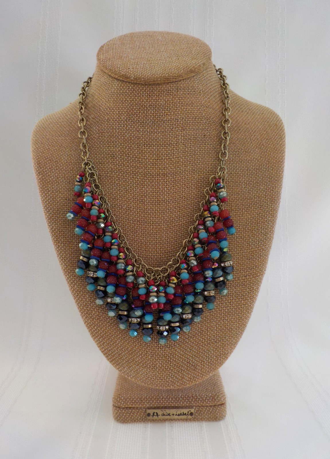 Faceted Blue Red Necklace Plastic Bead Gold Tone Metal Drop Dangle
