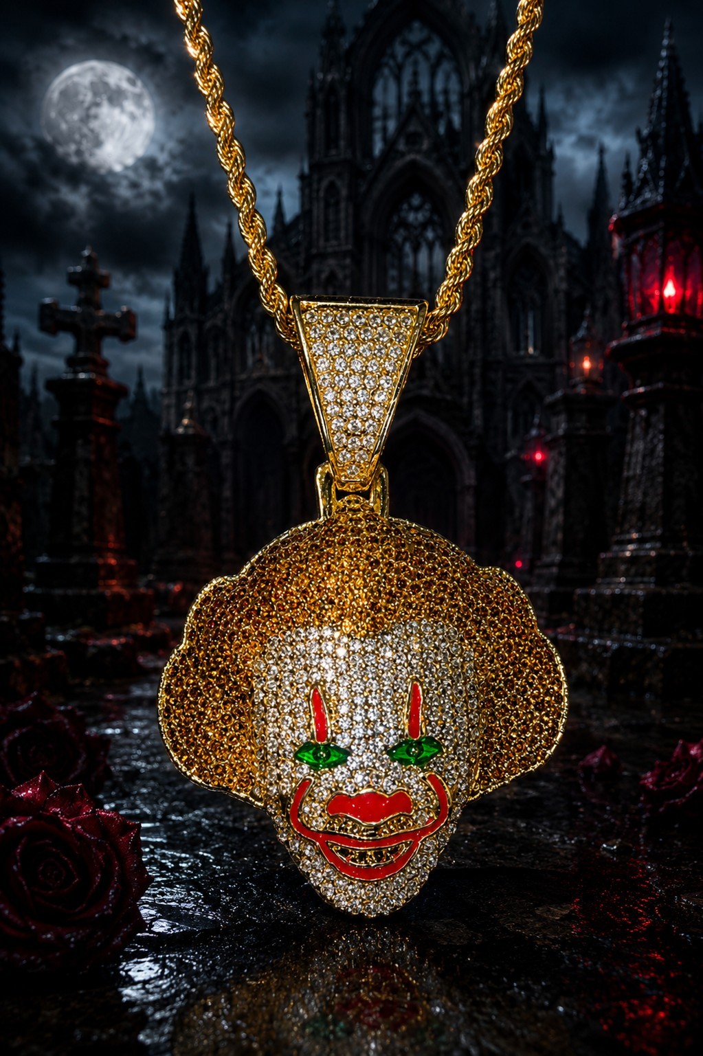 Iced Out Bust Down Clown Face Pendant Gold Tone Rope Chain Halloween Necklace