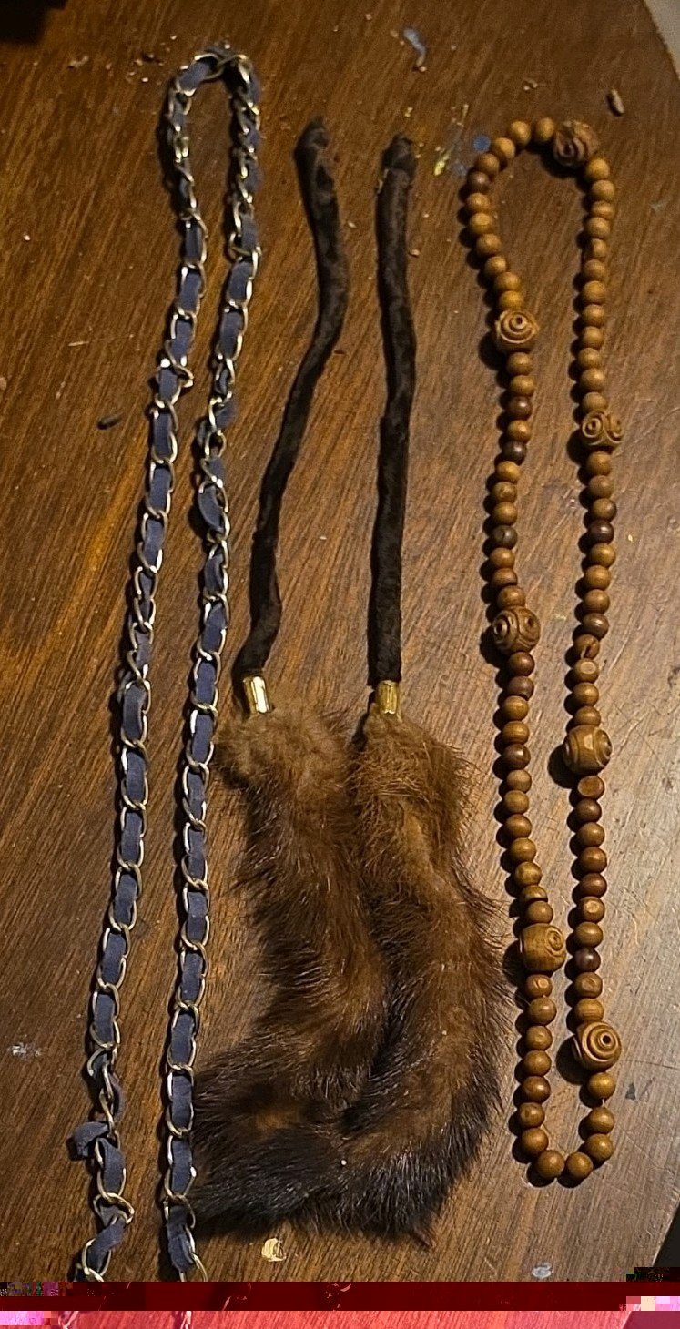 Wood Bead Strand Necklace Lot, Brown Fur Tassel Pendant, Beaded/Pendant