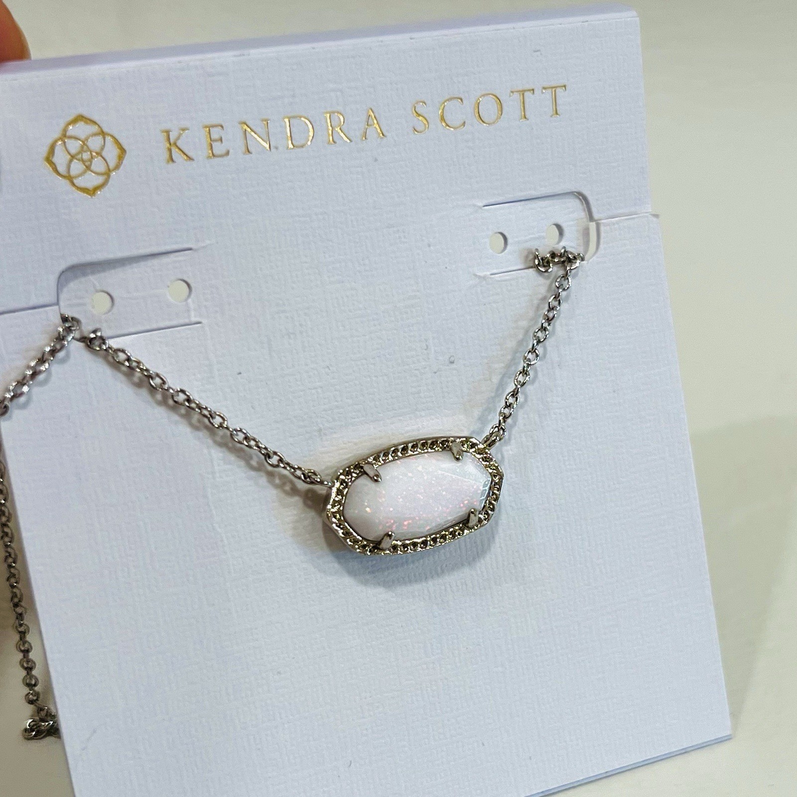 Kendra Scott Elisa White Kyocera Opal Silver Necklace RARE, NWT And Pouch, $90