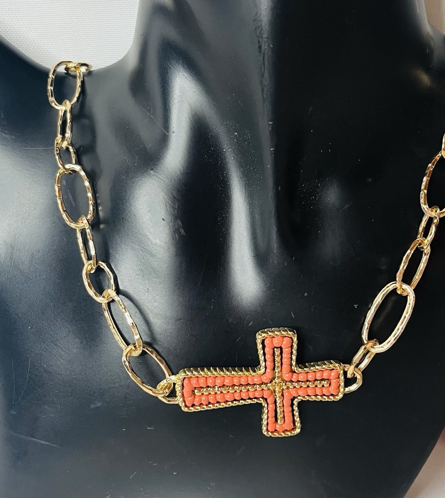 Good Toned Chain Coral Colored Religious Cross Long Necklace