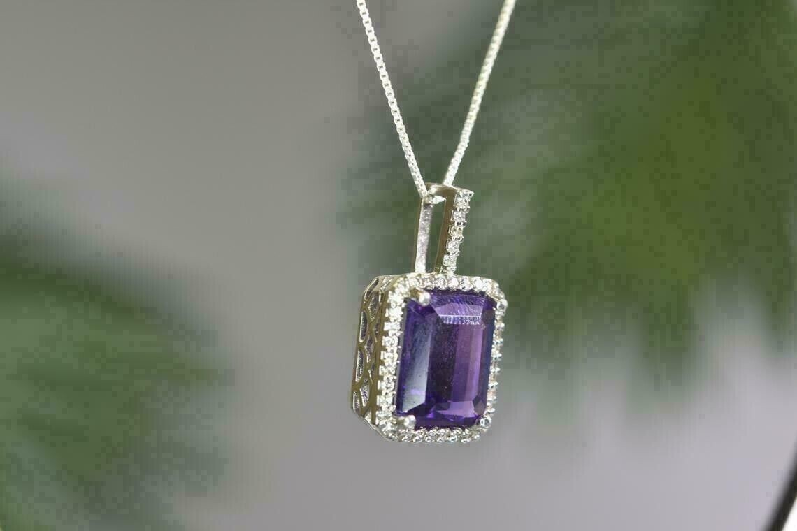 3.50Ct Emerald Cut Simulated Purple Amethyst Halo Pendant 14k White Gold Plated