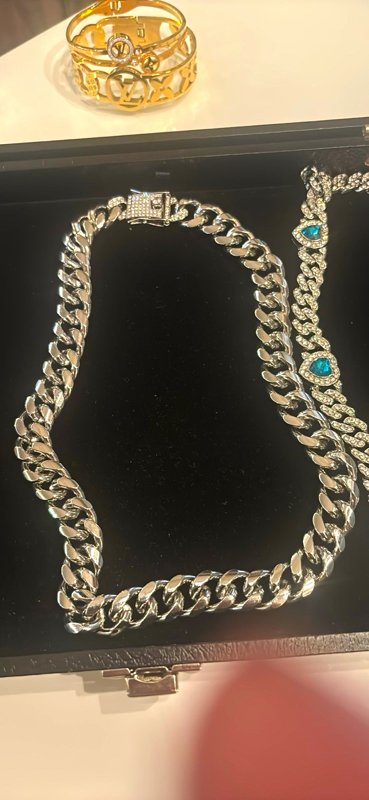 Silver Tone Cuban Link Chain Necklace, Metal, Box Clasp Closure
