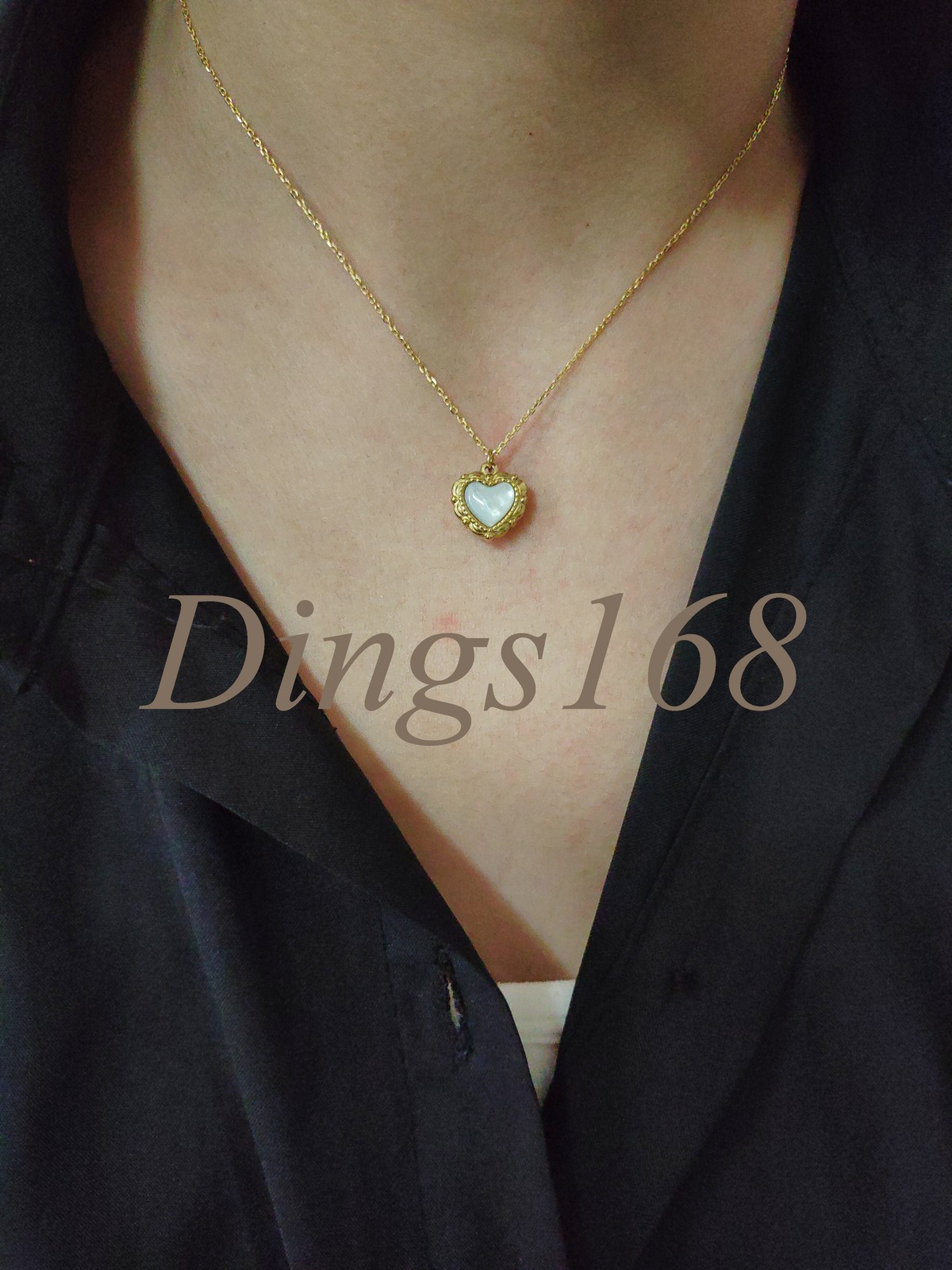 18K Yellow Gold Filled White Seashell Heart Pendant 17+2inch Rolo Chain Necklace