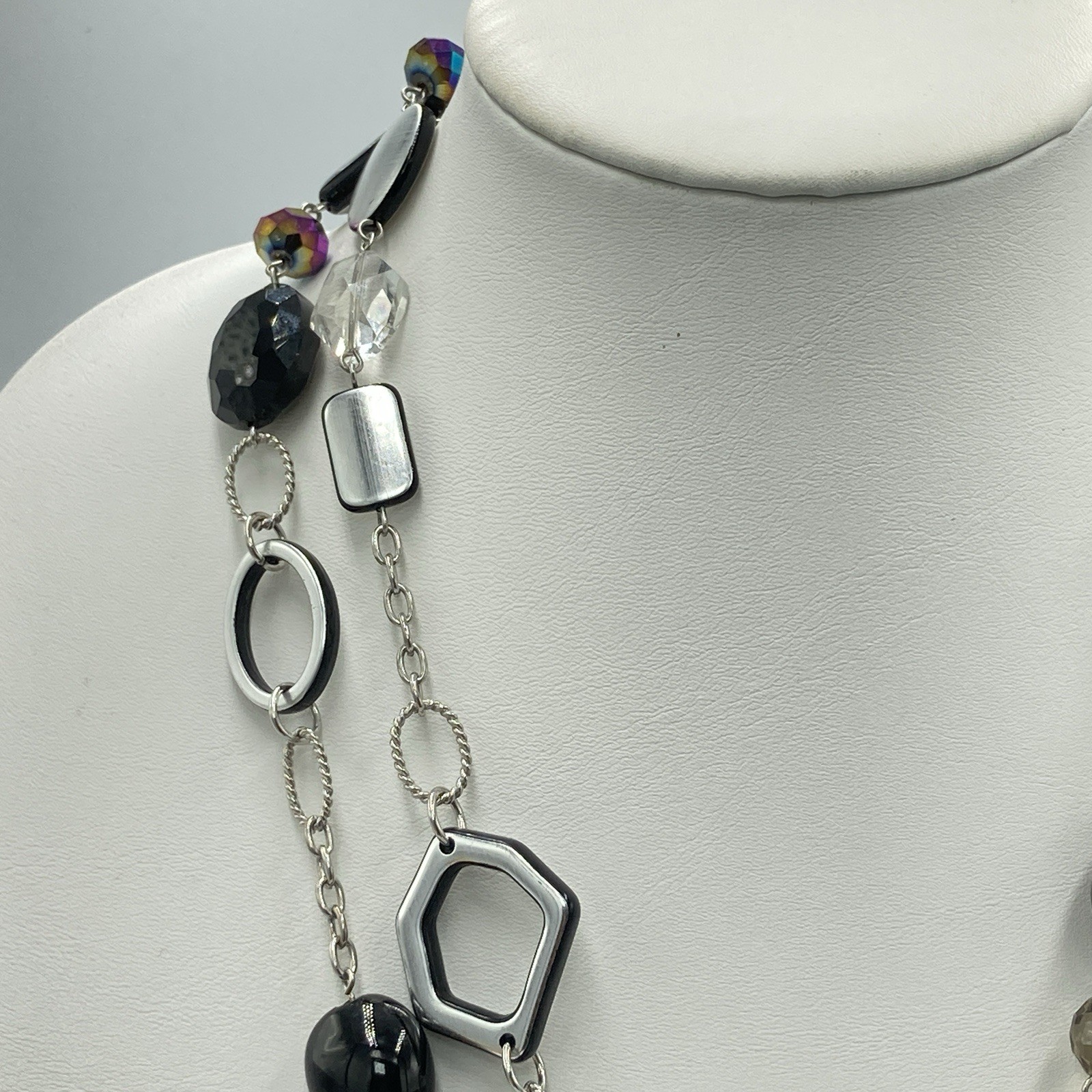 Lia Sophia 50″ Long Silver Tone Statement Necklace Black Beads Signed Jewelry