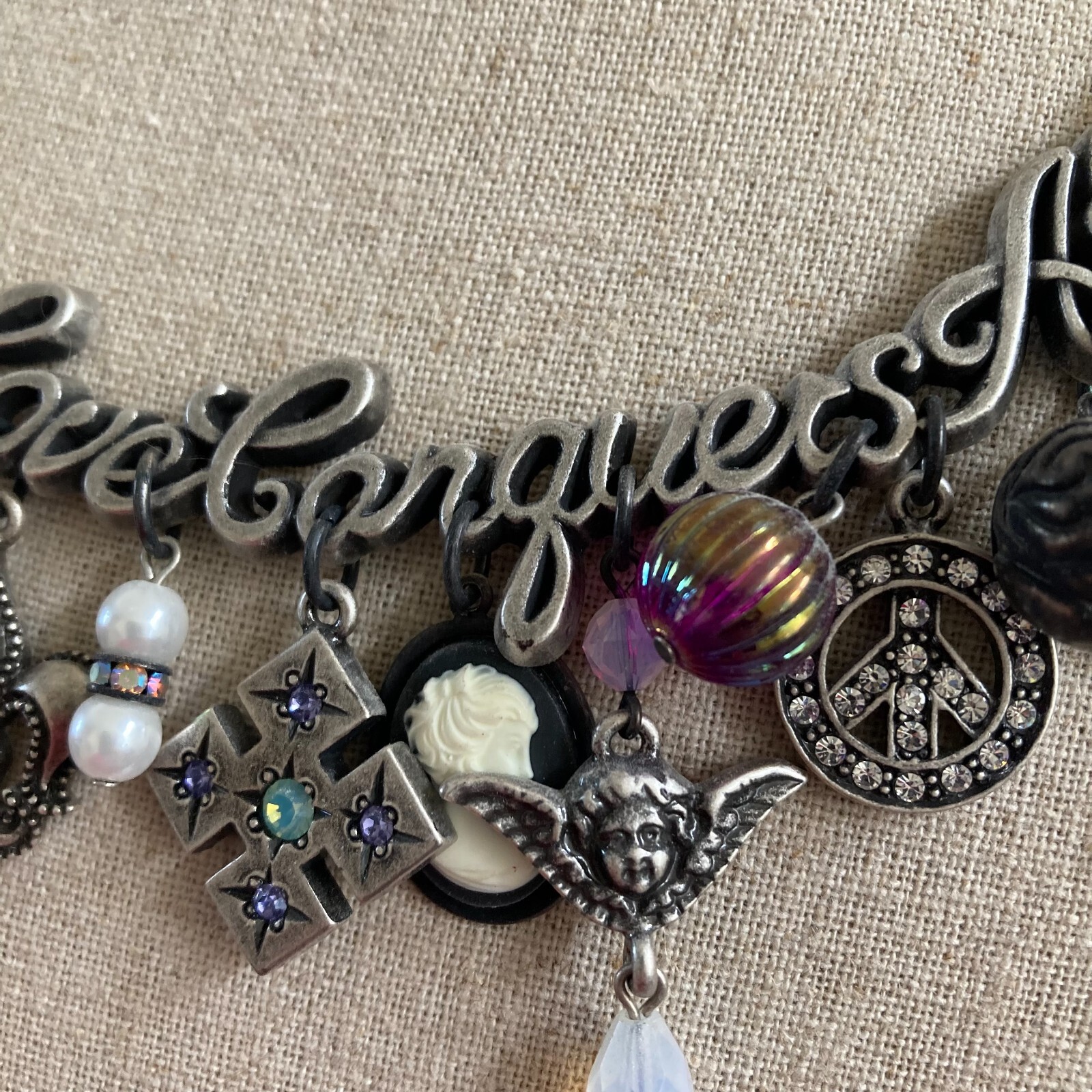 Love Conquers All Beaded Charm Necklace Silvertone 15″ with 3.75″ Extender