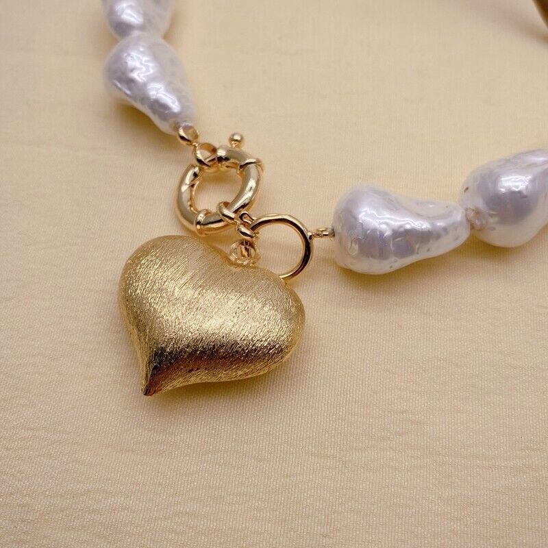 White Sea Shell Baroque Necklace Brushed Heart Pendant