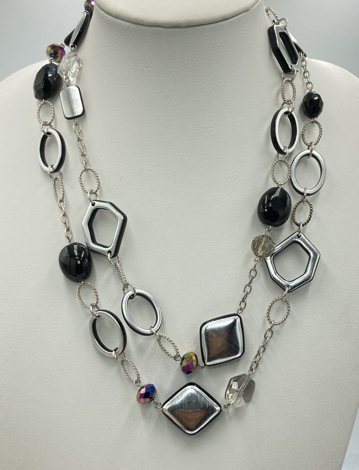 Lia Sophia 50″ Long Silver Tone Statement Necklace Black Beads Signed Jewelry
