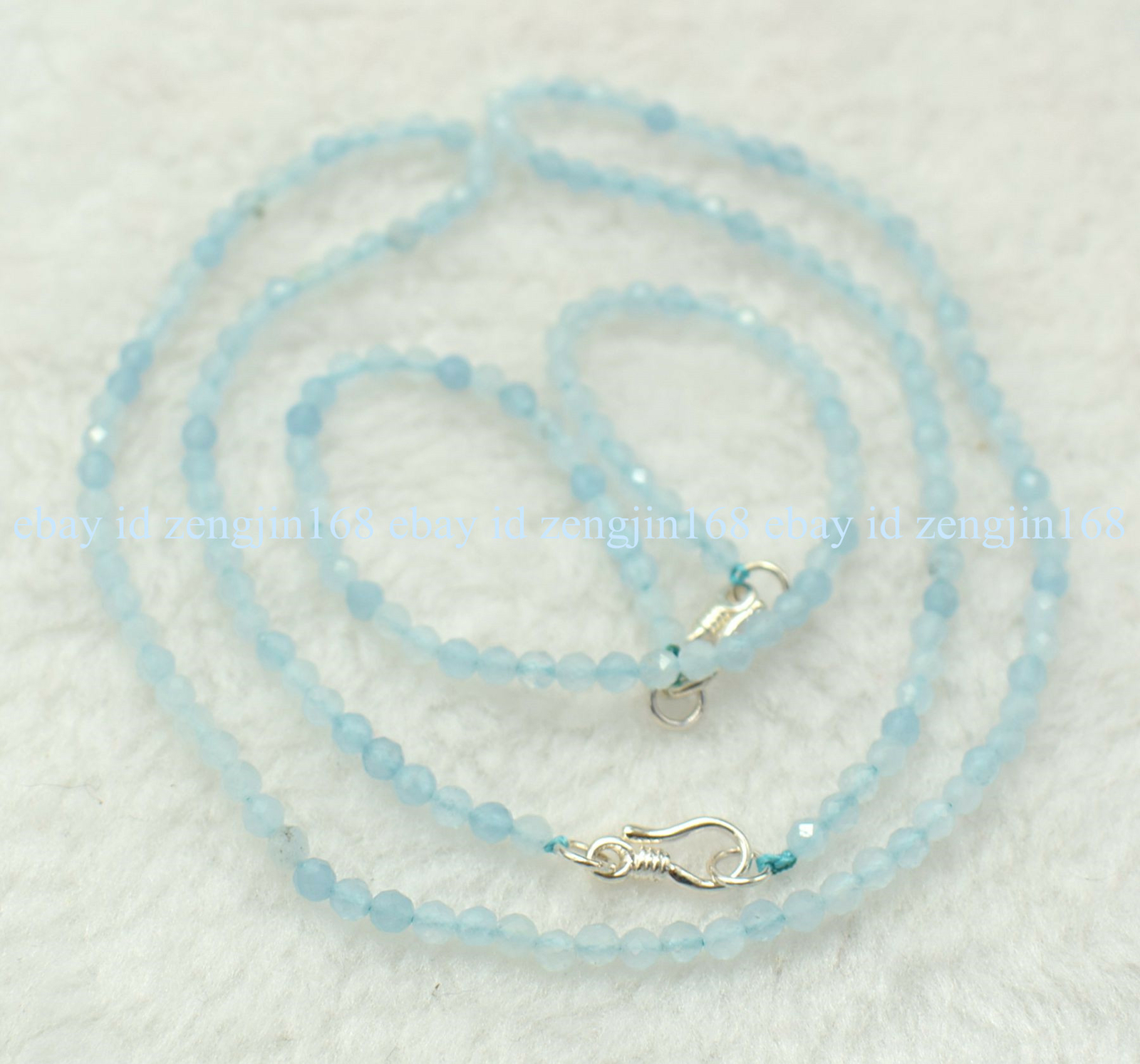Real 3mm Blue Aquamarine Round Gems Beads Necklace Bracelet Set 18″ Silver Clasp