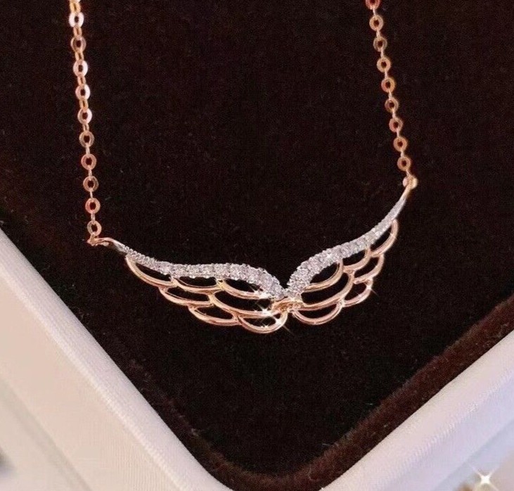 Angle Wing Shape Necklace 1.30Ct Round Simulated Diamond In 14K Rose Gold Plated