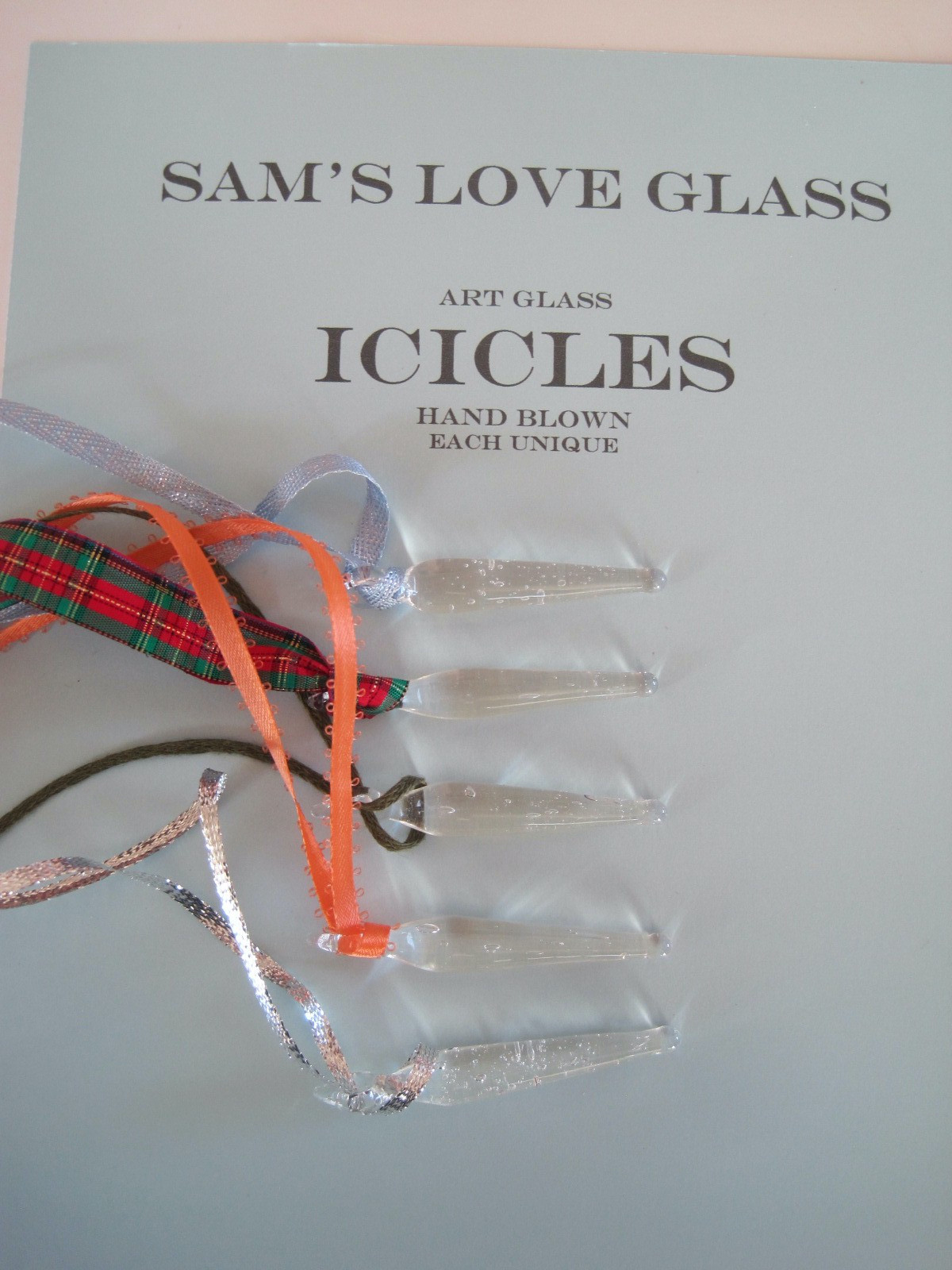 Glass Icicle Handblown Holiday Necklace Pendant W/ Ribbon New