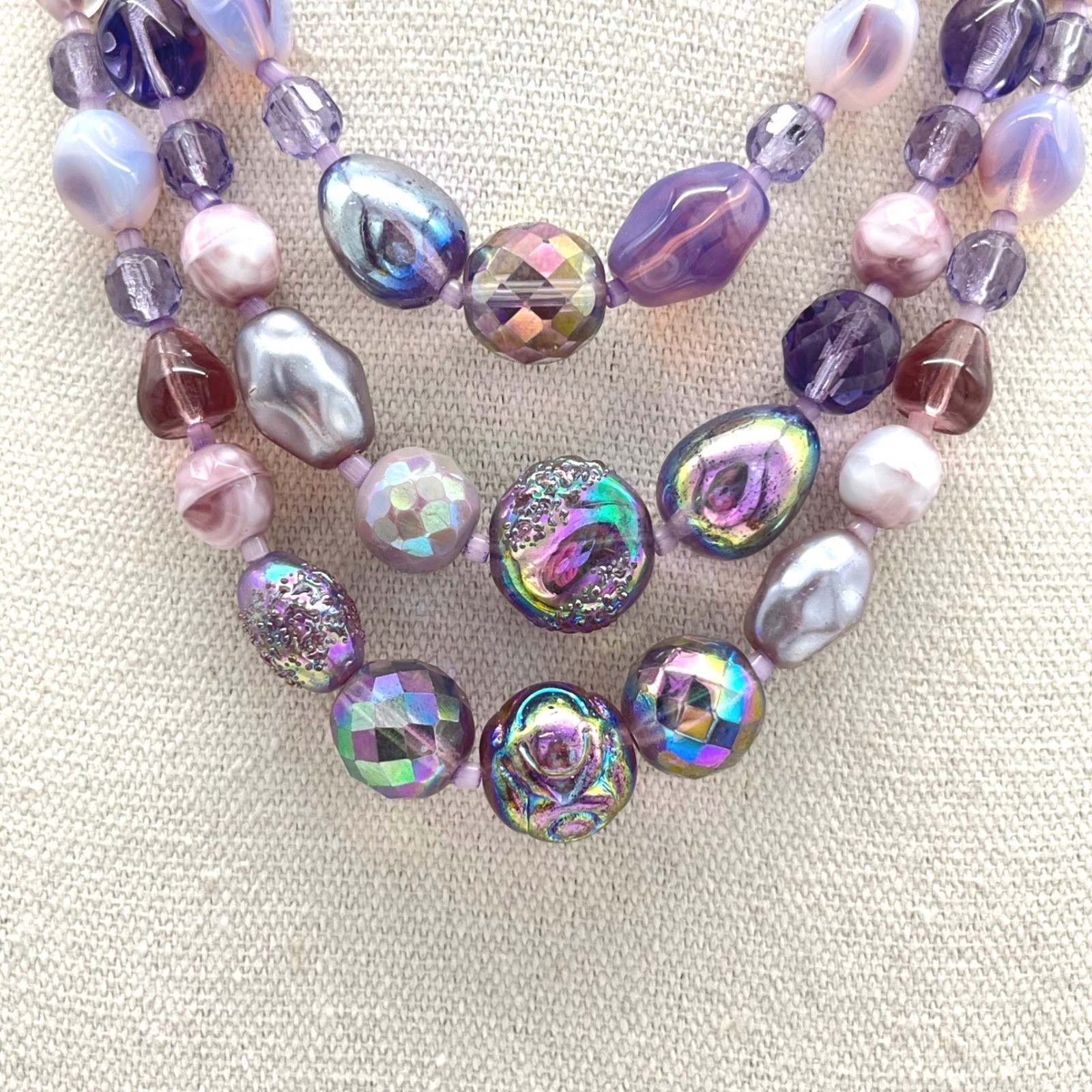 Vintage Germany Purple Iridescent Art Glass Triple Strand Beaded Necklace 16in