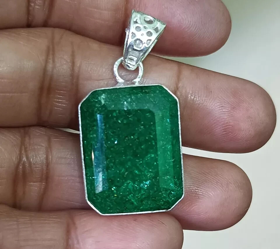68.05 Ct Certified StunningGreen Emerald 925 Solid Silver Pendant Loose Gemstone