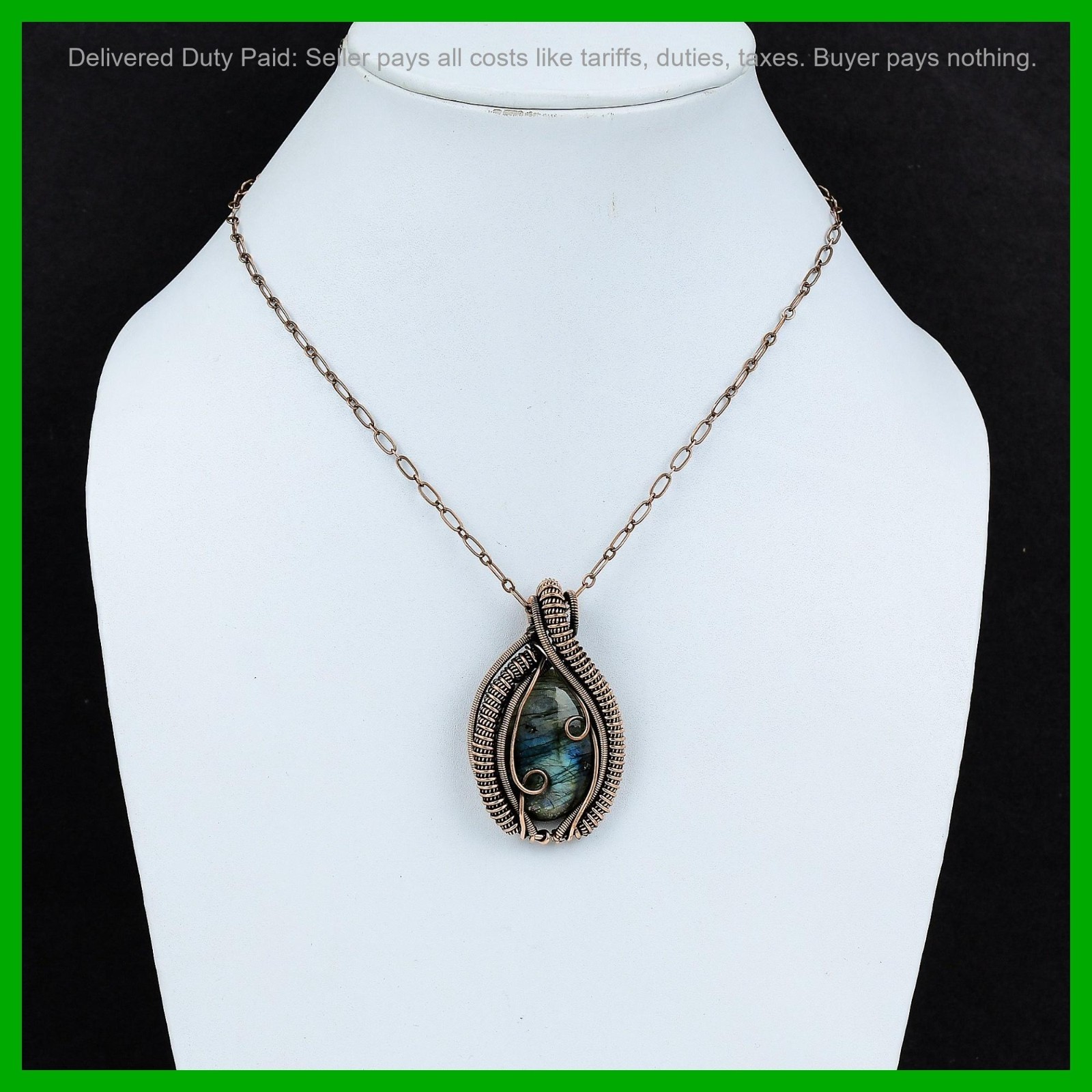 Valentines Deal Oval Labradorite Stone Copper Handcrafted Wire Wrapped Pendant