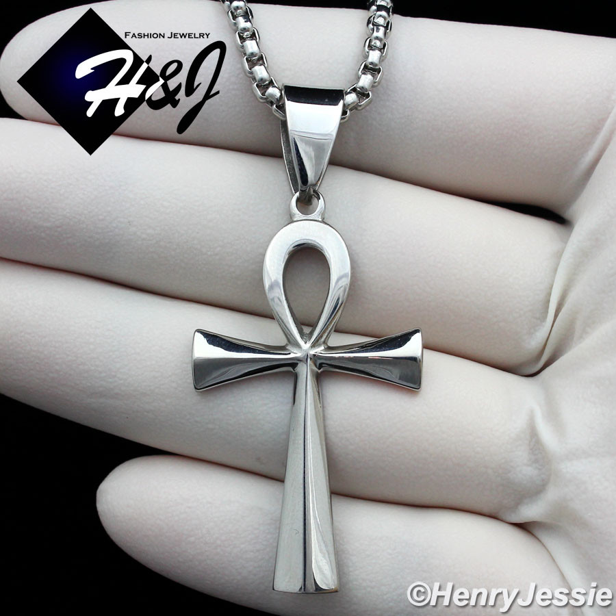 20″MEN Stainless Steel 3mm Silver Box Chain Plain Ankh Key Cross Pendant*P106