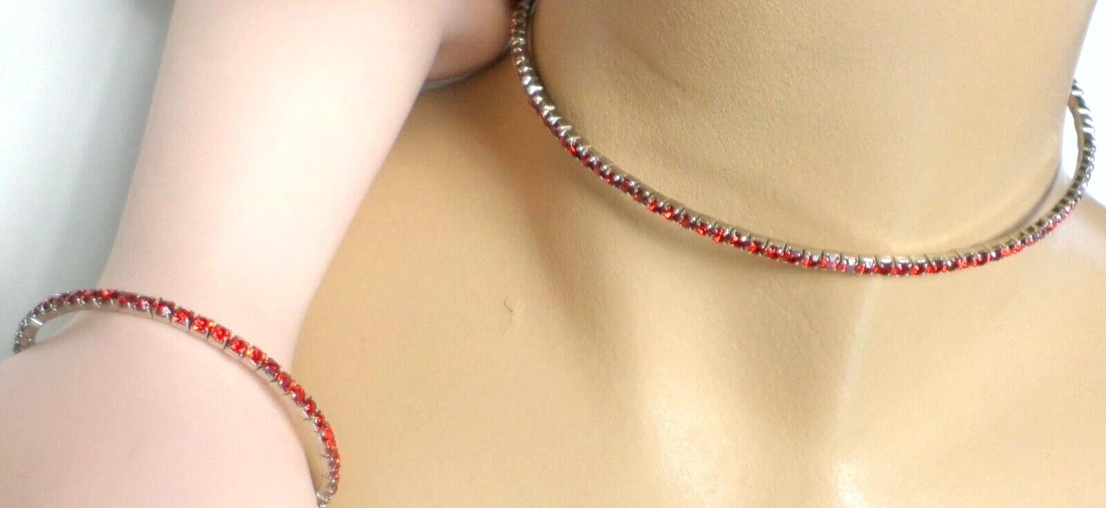 2 Pcs 80’s Vintage Swarovski Red Siam Memory Wire Tennis Necklace Bracelet Set