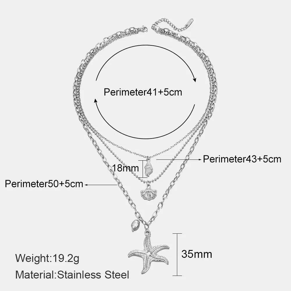 3 Layer Starfish Shell Pendant Necklace Stainless Steel Beach Ocean Silver