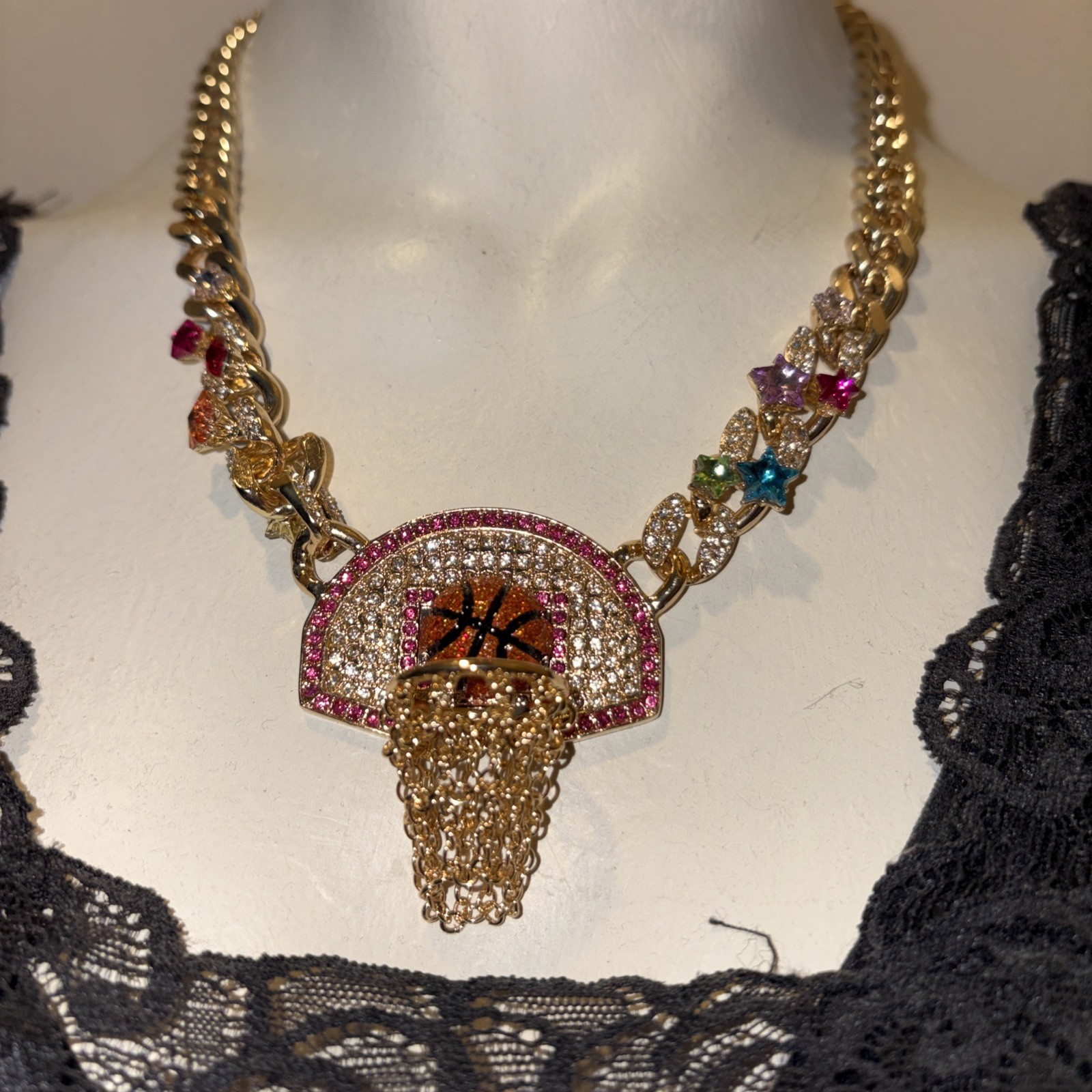 Betsey Johnson Necklace Gold Tone Basketball Hoop Drop With Orange Glitter Balls