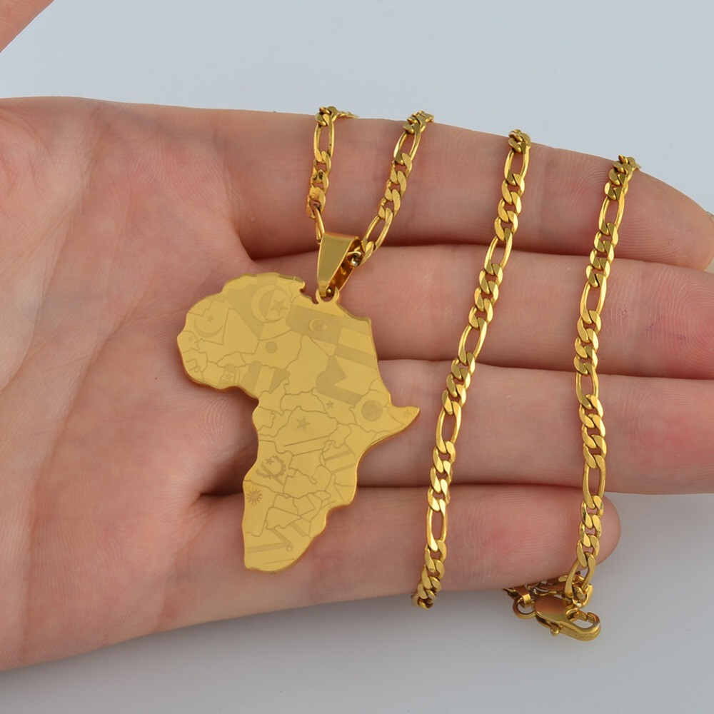 Africa Continent Map African Country Pendant Necklace Chain Gold Afro Women Men