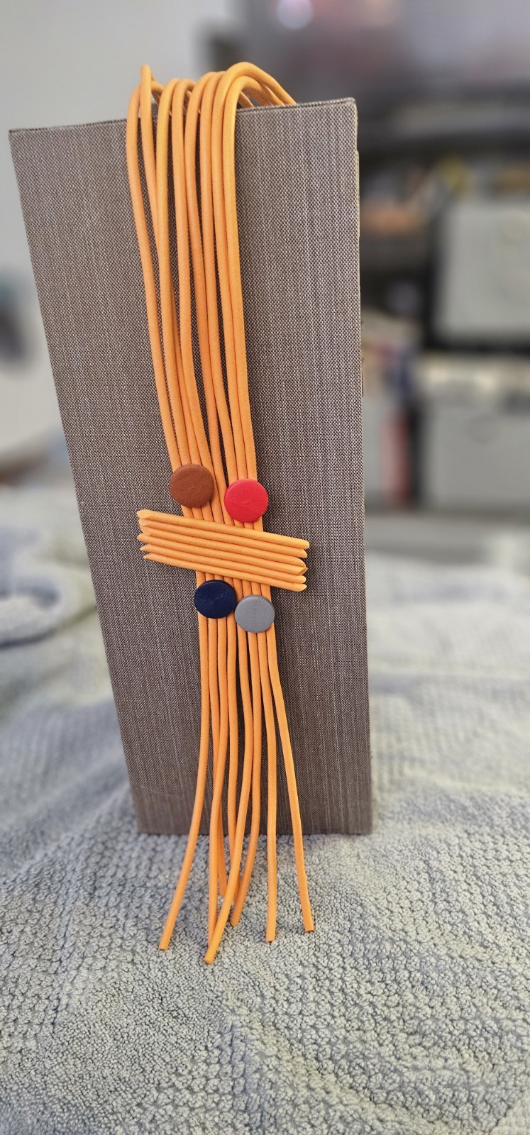Orange Rubber Cord Pendant Necklace 24 in, 4 Round Beads, Art Charm