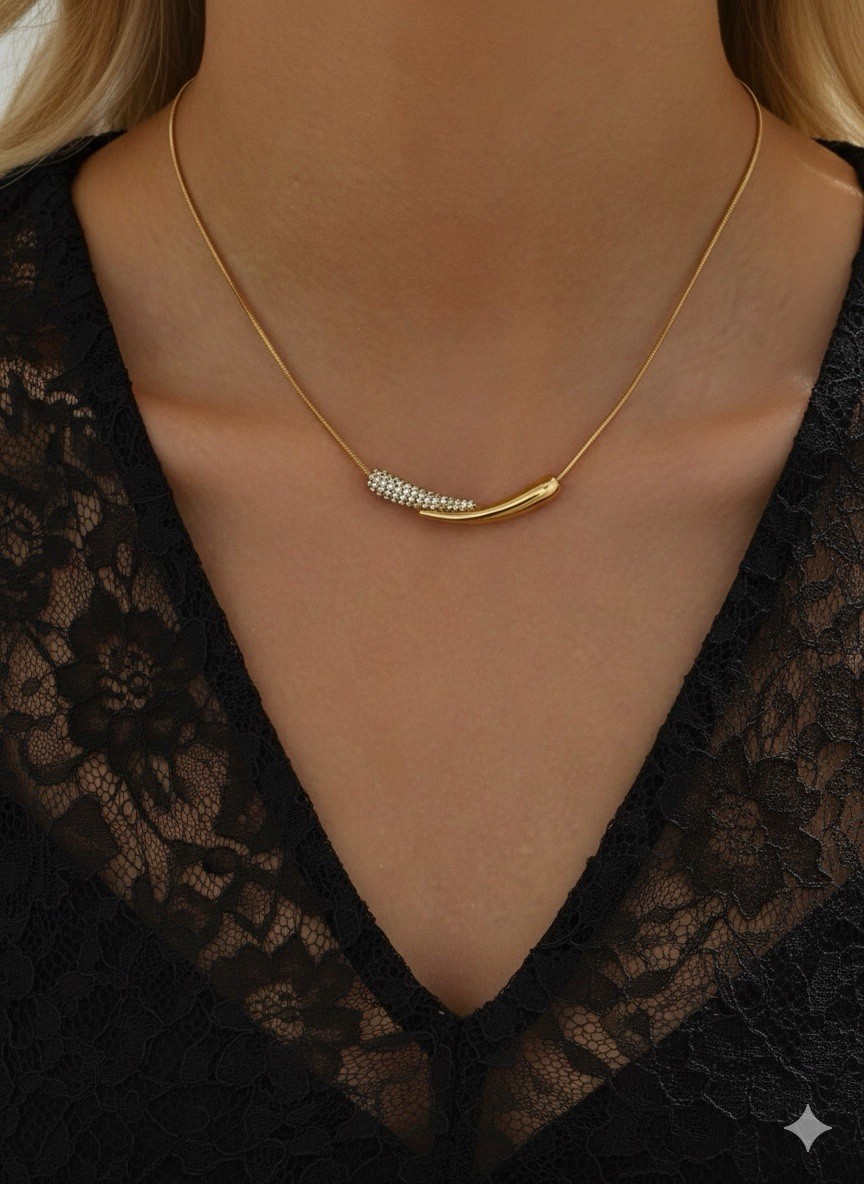 Anthropologie Gold Curved Bar Necklace Pave Crystal Pendant Minimalist Boho CZ