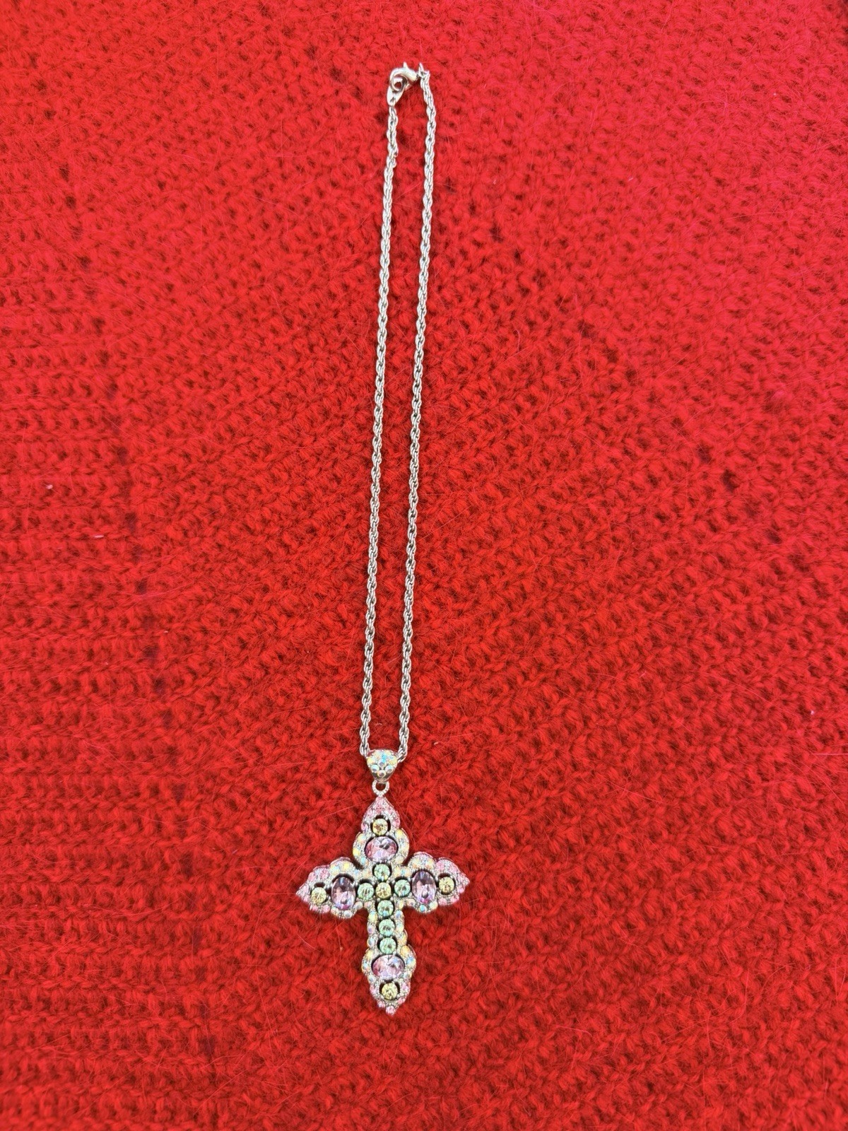 Vintage Gothic Cross Pendant Necklace Pink Purple AB Rhinestone Rope Chain 48cm