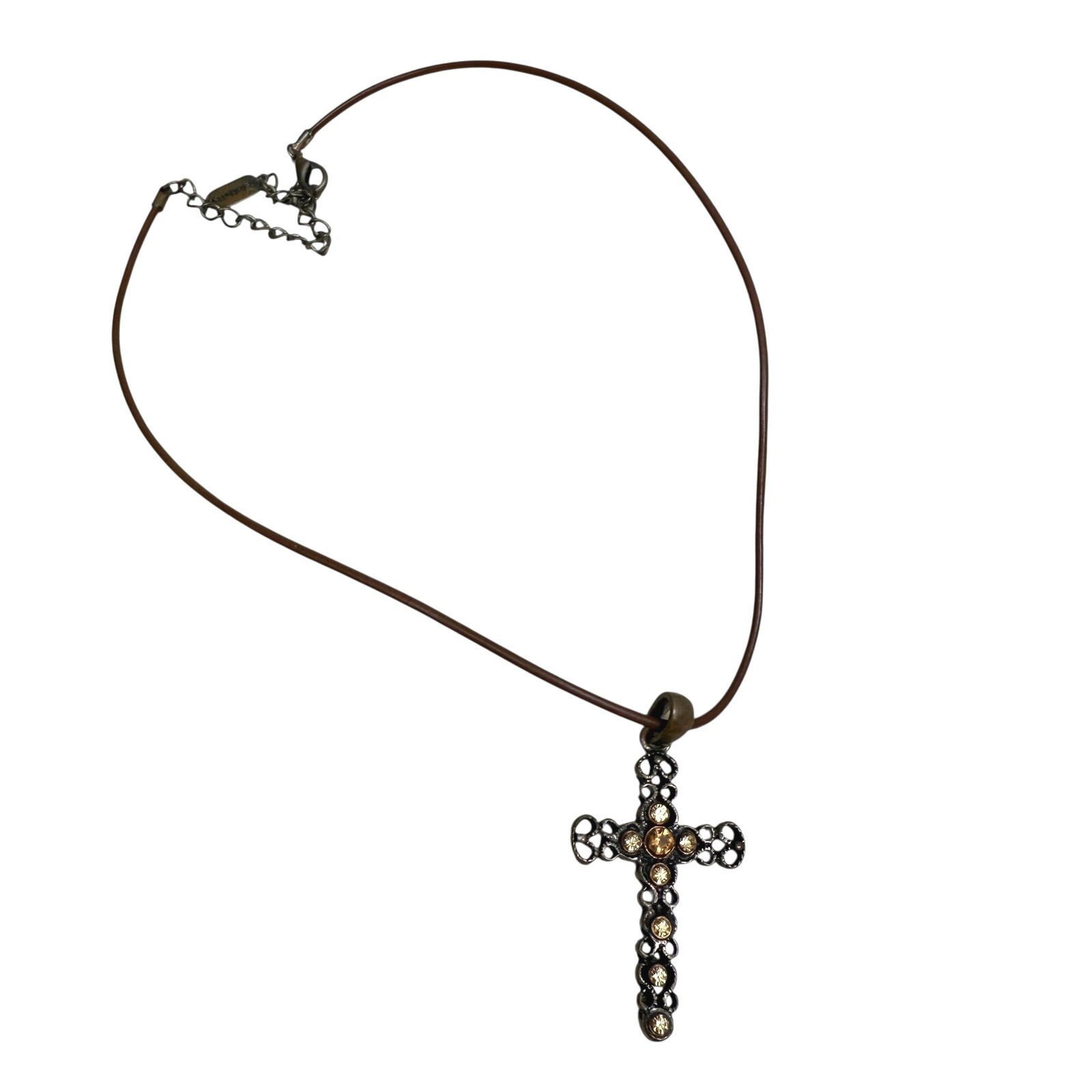 Relativity Bronze Rhinestone Accent Cross Pendant Necklace Brown Cord Chain 10in