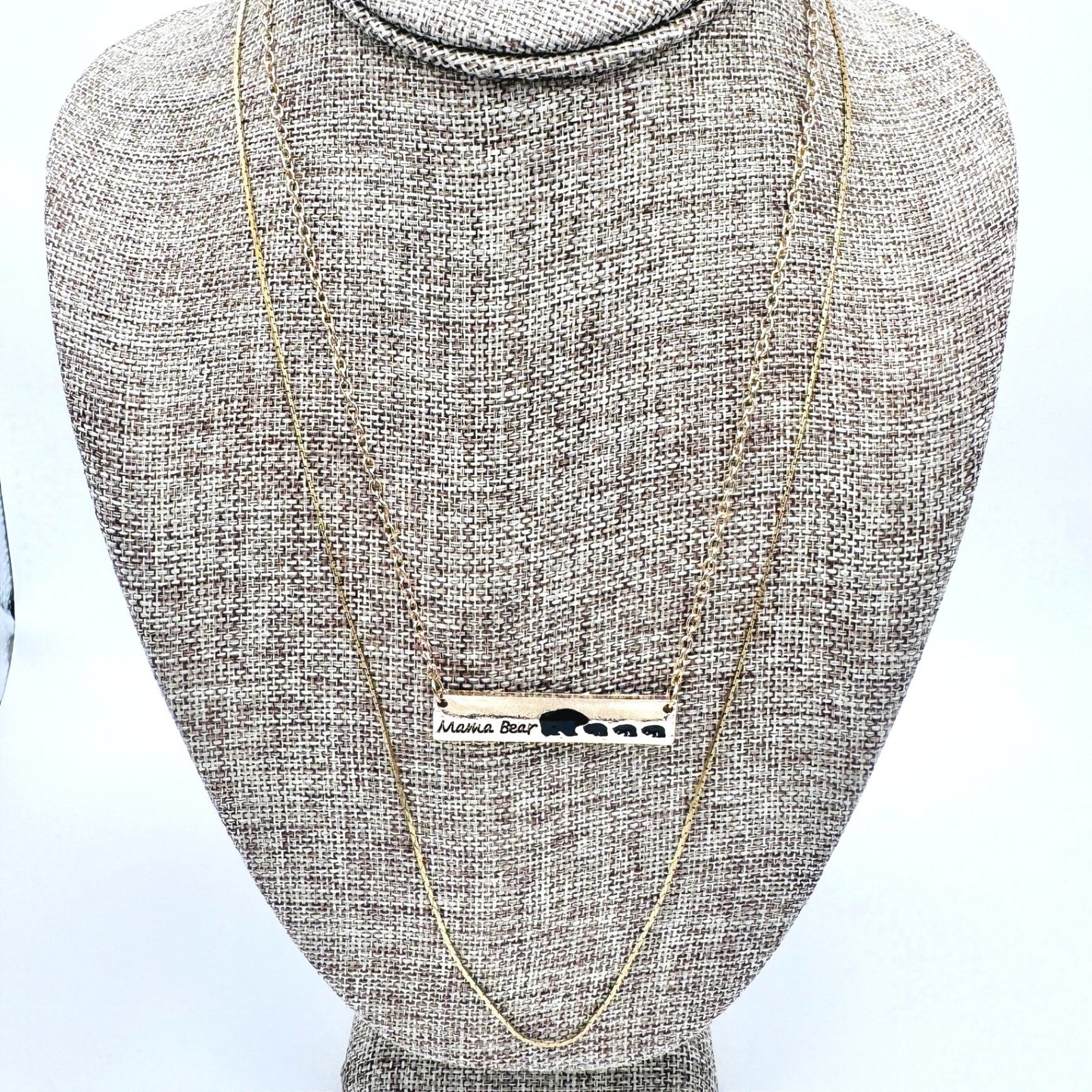 Mama Bear Bar Necklace Gold Tone Mother Family Pendant Jewelry Gift 18″ 24″