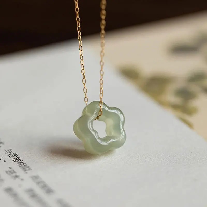 Natural Green Jade Floral Pendant Healing Dainty Women Elegant Luck Necklace