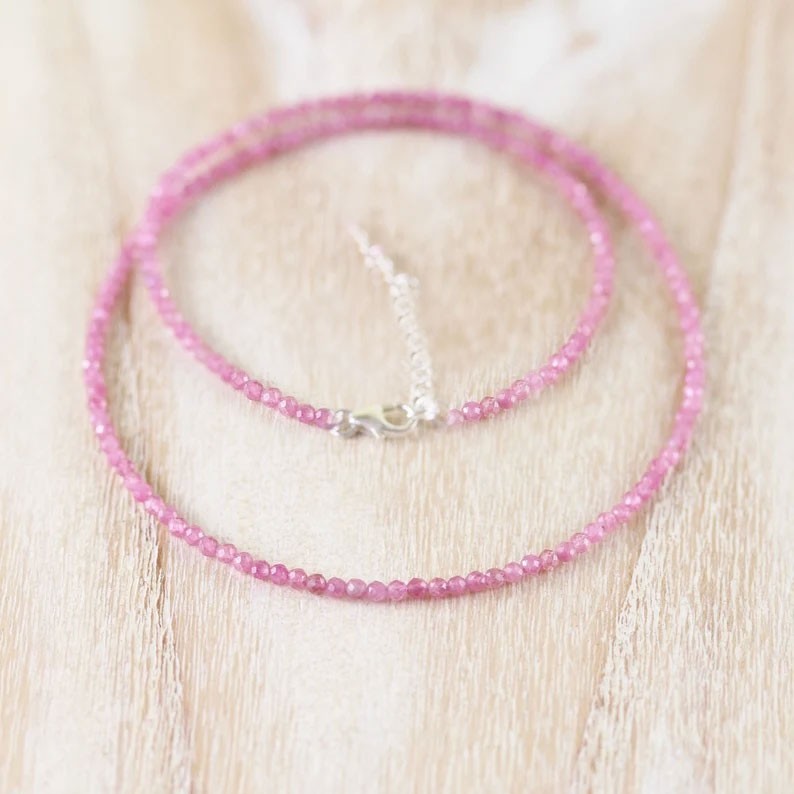 Pink Tourmaline 2mm Crystal Gemstone Beads Minimalist Dainty Choker Necklace