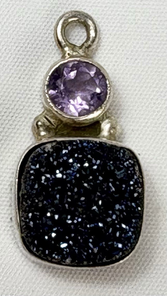 Stamped 925 Silver Blue Druzy Quartz & Light Purple Stone Pendant Made In India