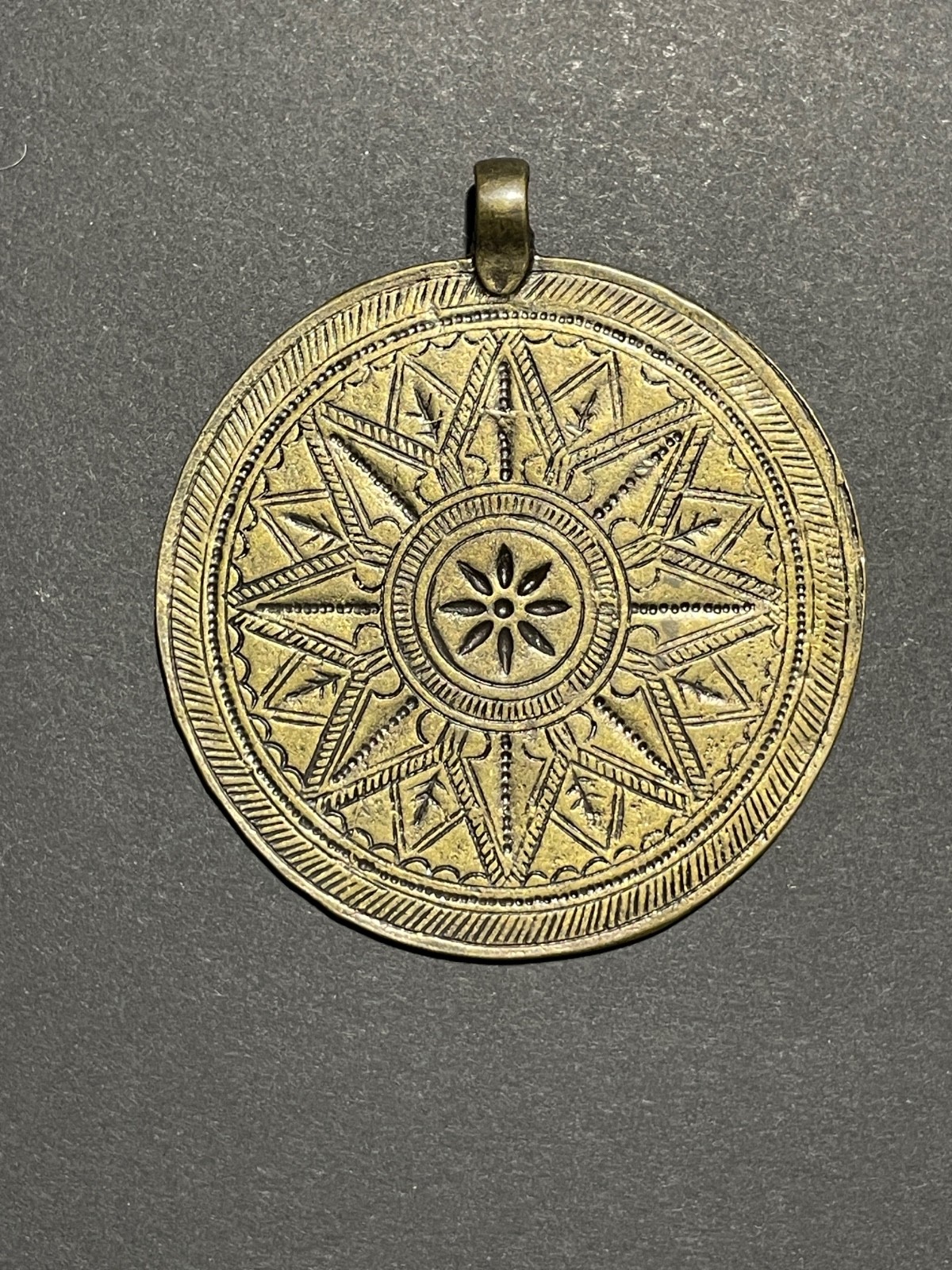 Large Double Sided Compass Rose Pendant Antiqued Brass Tone Boho Medallion 2″