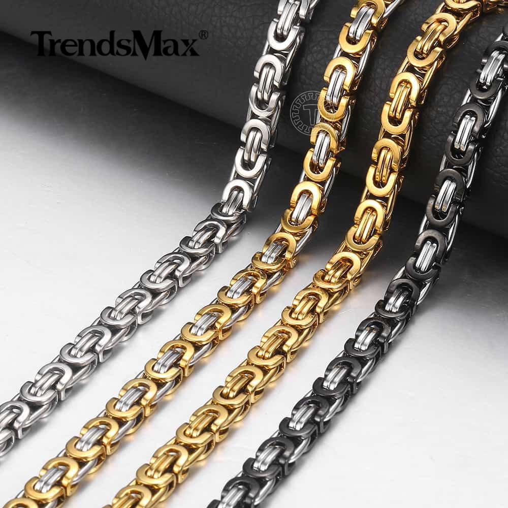 7mm 18-30″ Mens Chain Flat Byzantine Black/Silver/Gold Stainless Steel Necklace