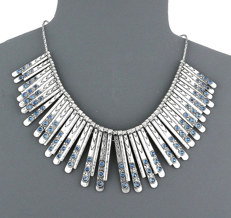 Lucky Brand Silver-Tone Blue Crystal Tribal Bib Necklace 17″ + 2″ $75