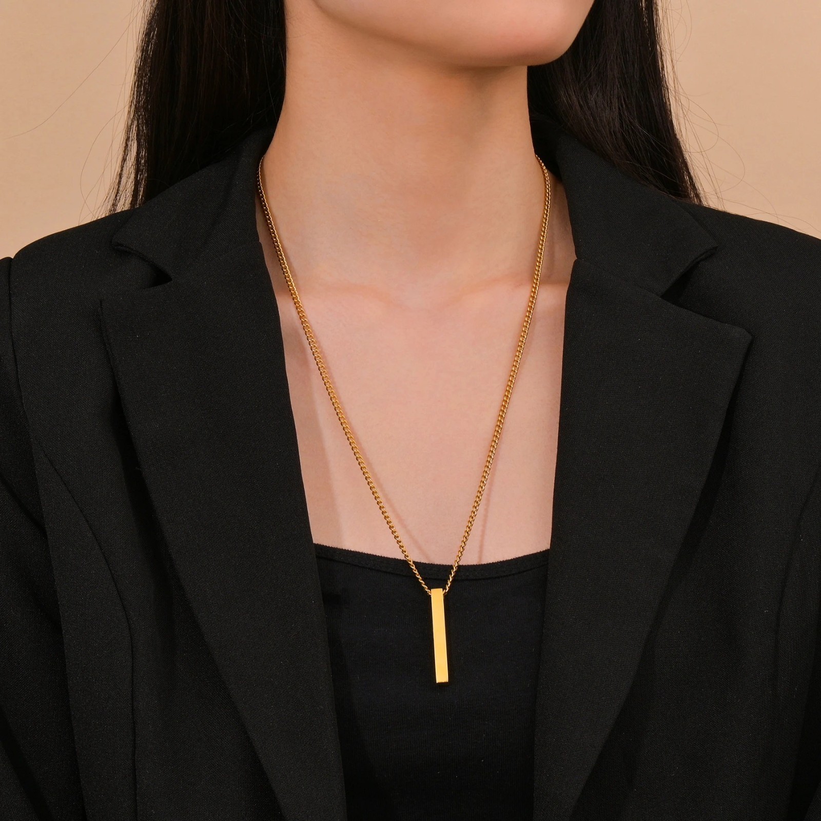 Stainless Steel Square Bar Pendant Necklace Men Women Blank Couple Jewelry