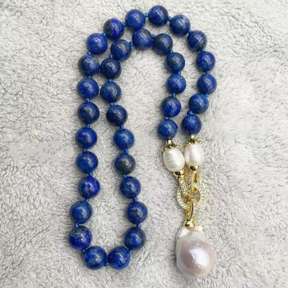 Blue Lapis Lazuli Natural White Keshi Baroque Pearl Pendant Necklace 6/8/10/12mm