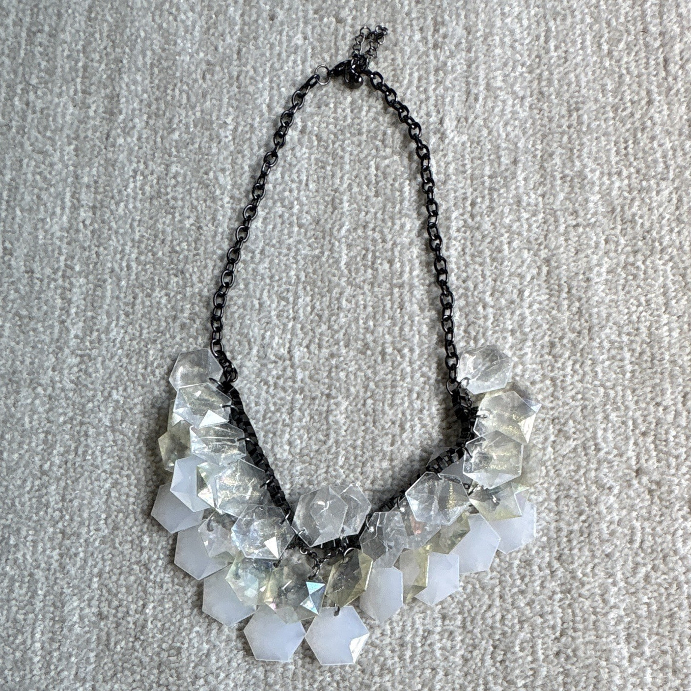 Statement Bib Necklace Silver Tone Cable Chain Clear/White Hexagon Crystal