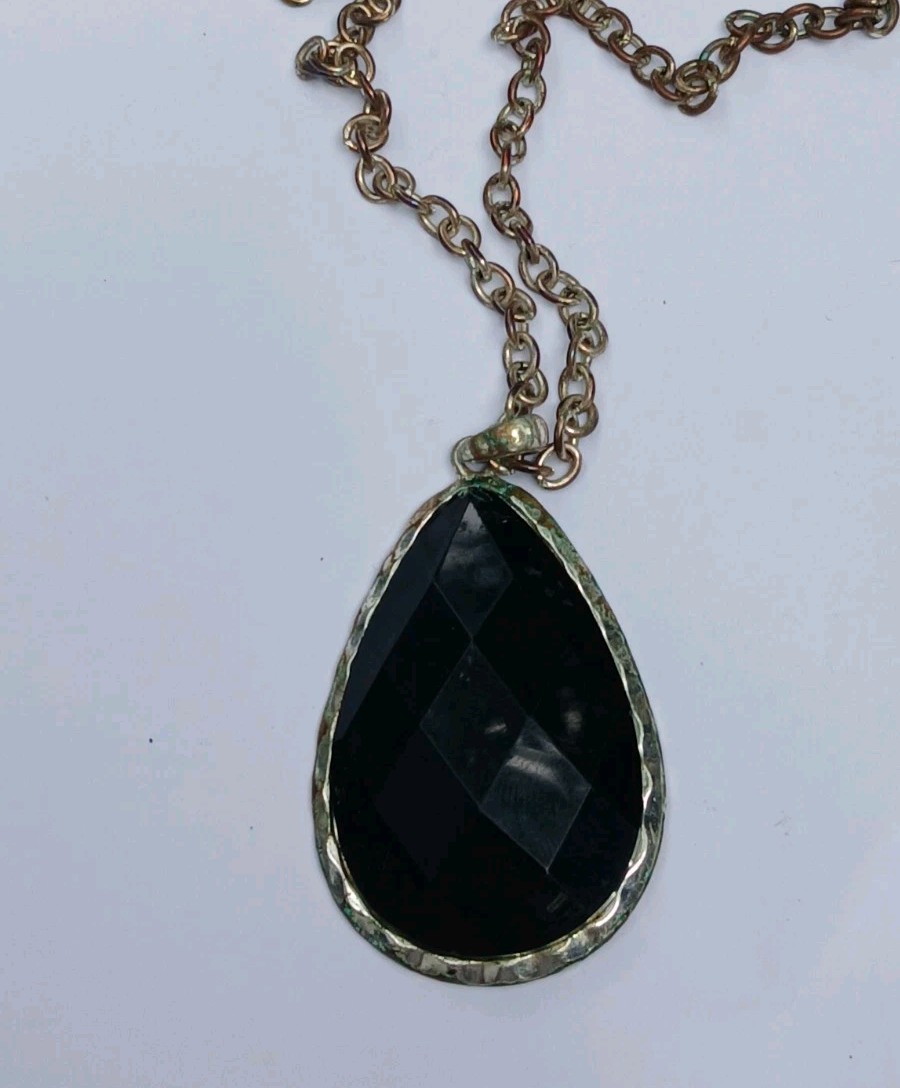Vintage Silver tone Huge drop shape Black Acrylic necklace Statement jewelry