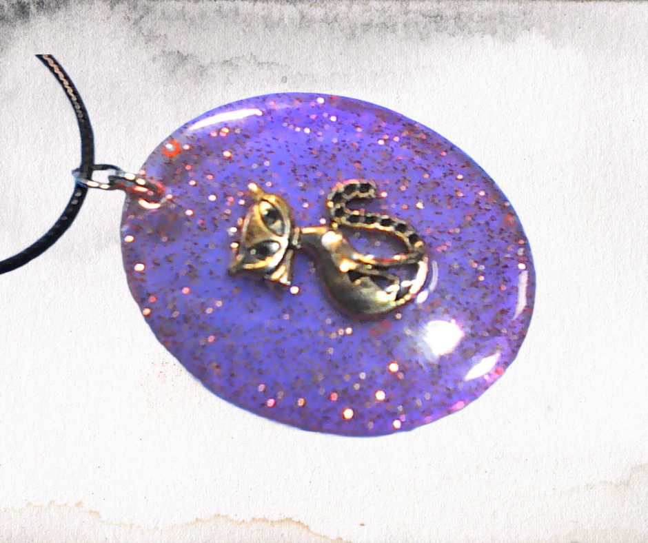 Handmade Cat Resin Pendant Necklace Round Black Cord 18″ Cute Gift for Cat Lover