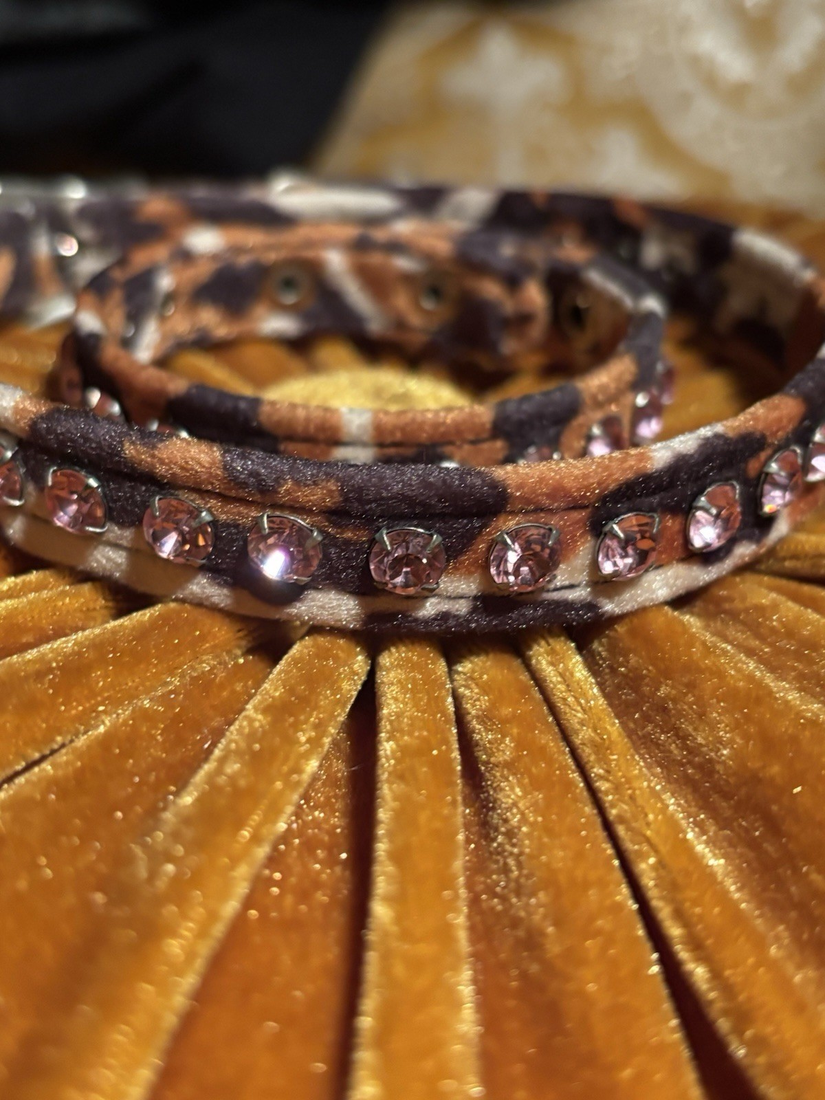90s Velvet Leopard Rhinestone Collar & Cuff Pink Stones Raver Goth Club Fetish