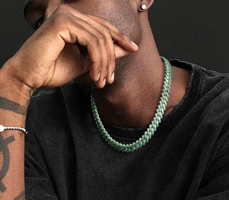 Grade A MYANMAR Jadeite Green Rhombus Shaped Cuban CHAIN NECKLACE AND BRACELET